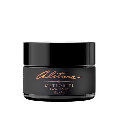 Black jar labeled 'Alitura Meteorite Facial Scrub' on a white background.