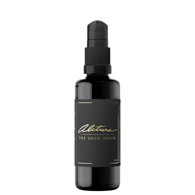 Black bottle labeled 'Alitura The Gold Serum' with a pump dispenser.
