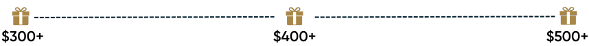 Three gold gift icons separated by dotted lines on a black background.