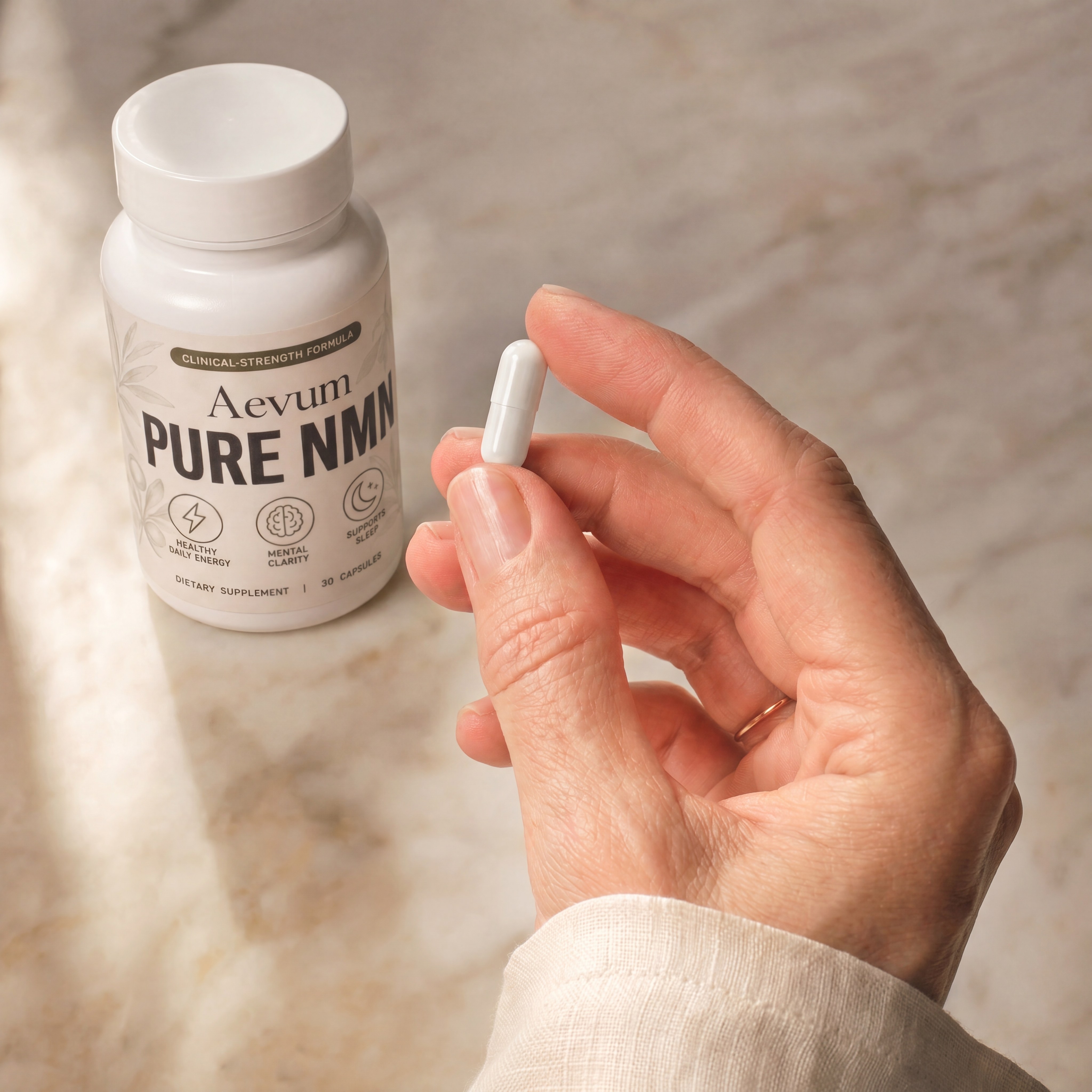 Hand holding Aevum Pure NMN capsule