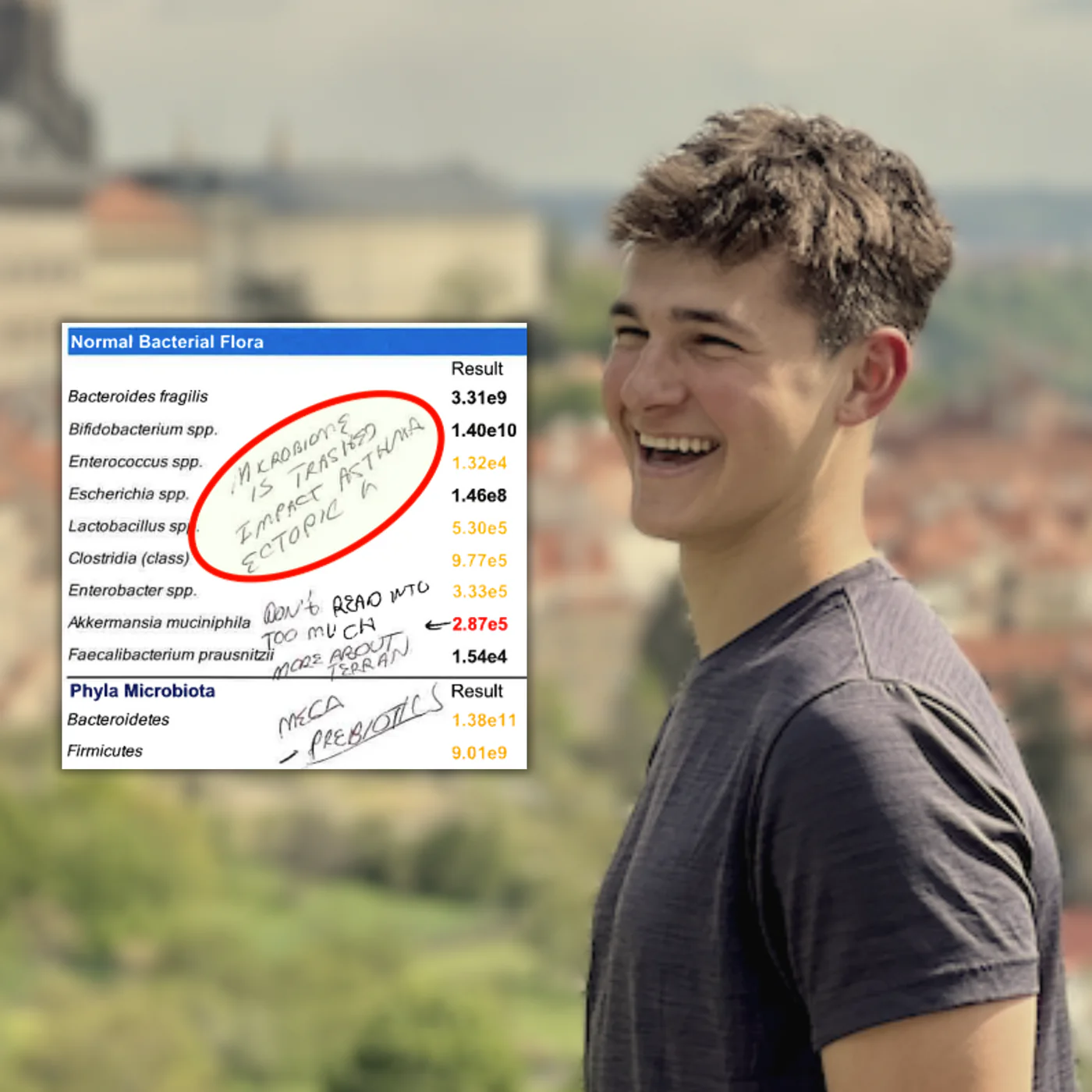 Smiling person outdoors with a bacterial flora test result overlay.