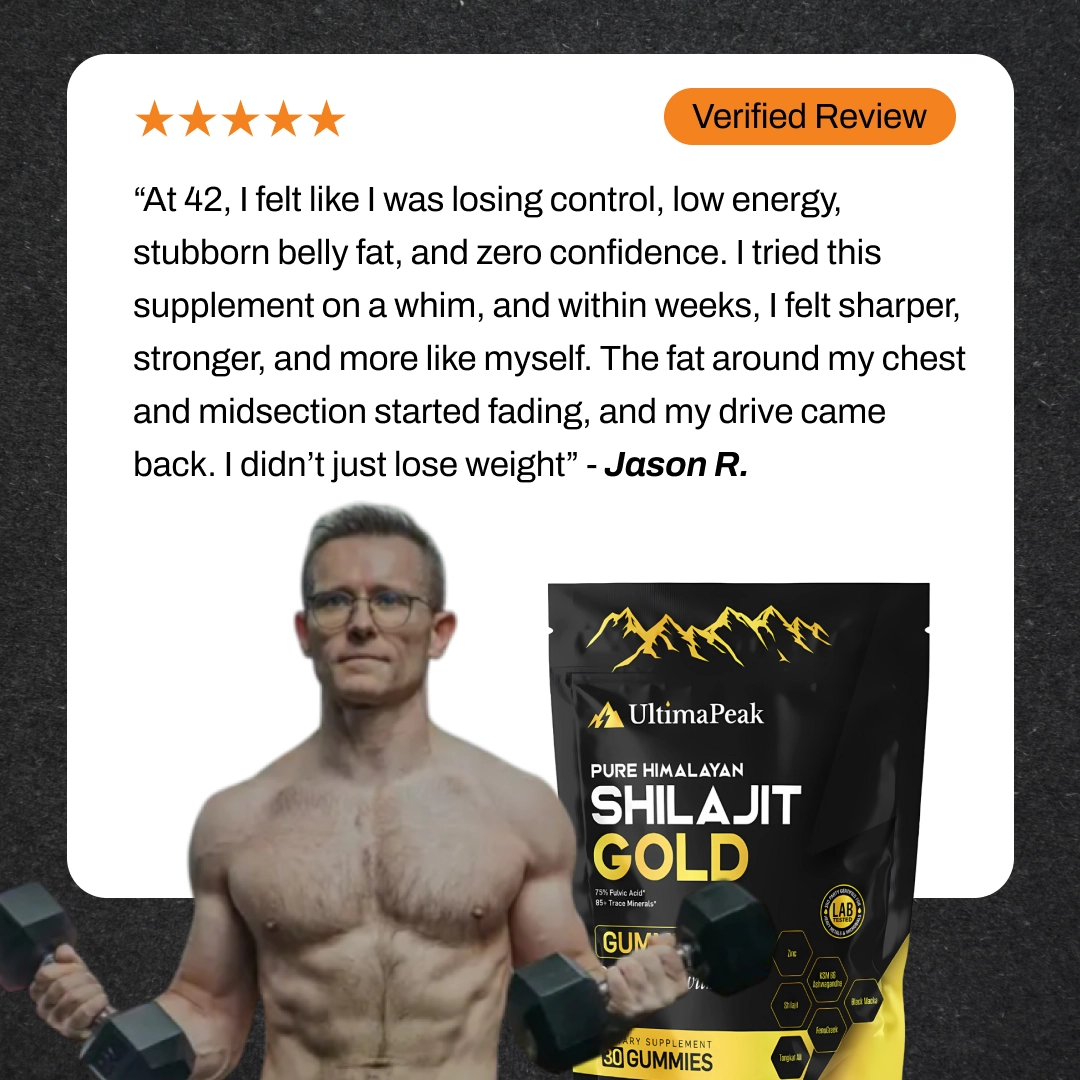 Man holding dumbbells with a product package and a review text.
