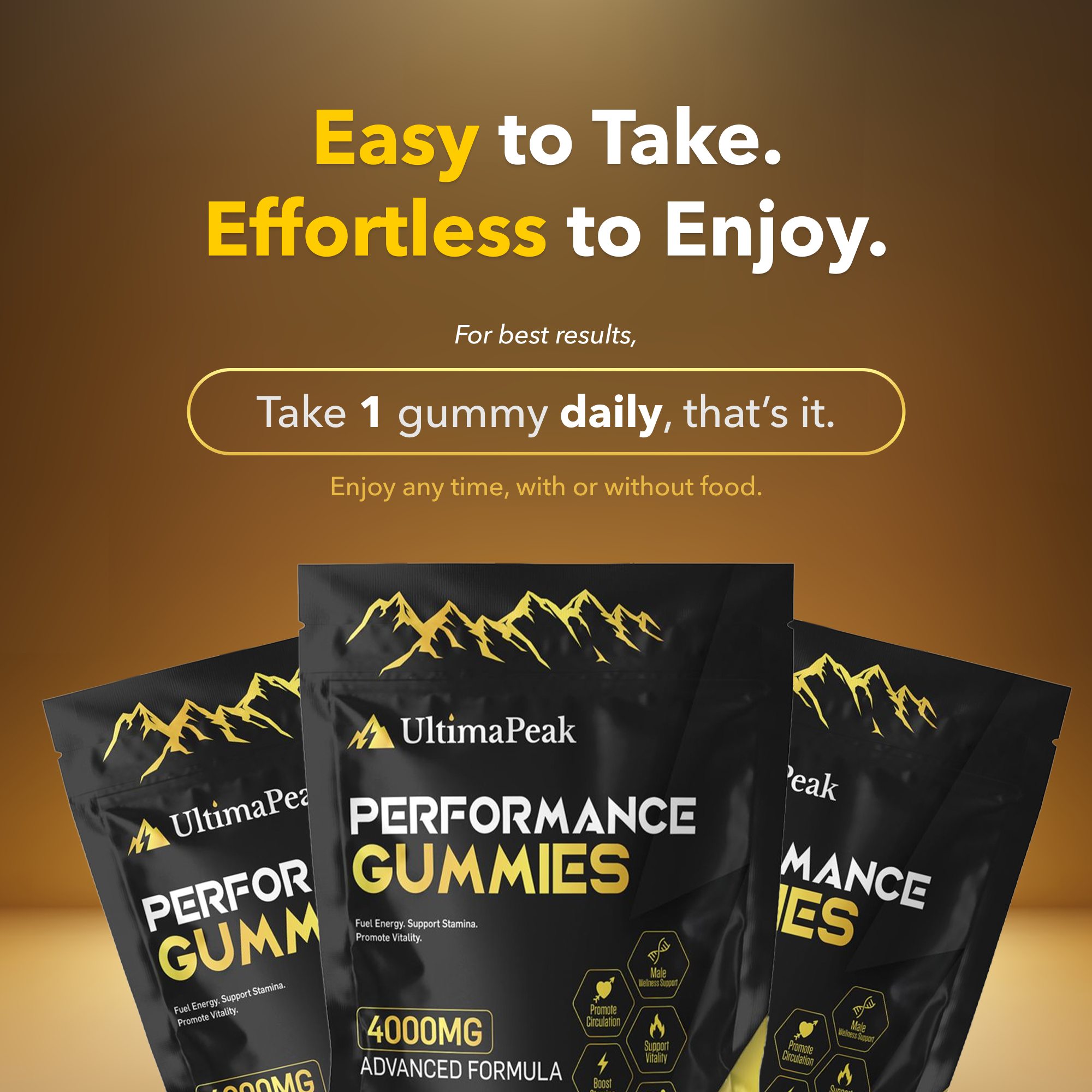 An advertisement for UltimaPeak Performance Gummies, showing three pouches of the product against a brown background.