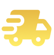 Yellow delivery truck icon with motion lines.