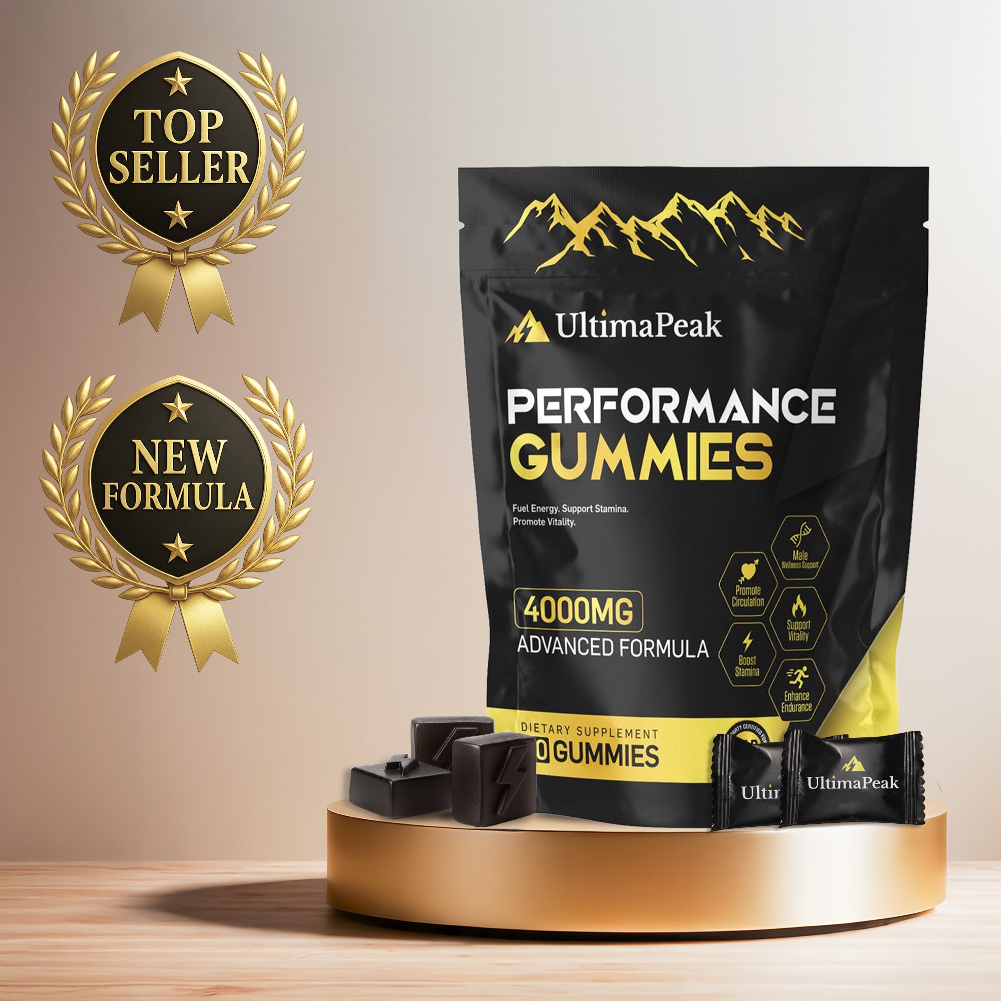 A black pouch of UltimaPeak Performance Gummies displayed on a golden pedestal with several gummies beside it.