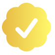 A yellow checkmark inside a yellow circle with a scalloped edge.