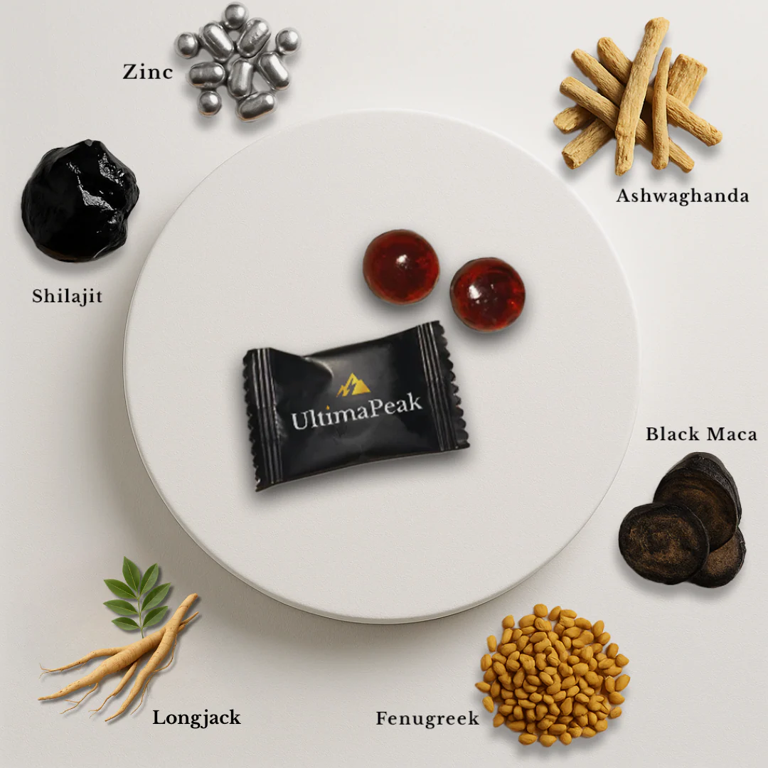 Supplements and ingredients labeled: Zinc, Shilajit, Ashwagandha, Black Maca, Longjack, Fenugreek, UltimaPeak package.