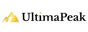 The logo for UltimaPeak, featuring a golden mountain icon with a lightning bolt cutout.