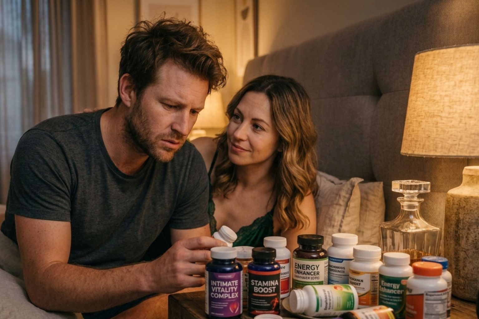A man and a woman in bed look at many bottles of supplements on a nightstand.