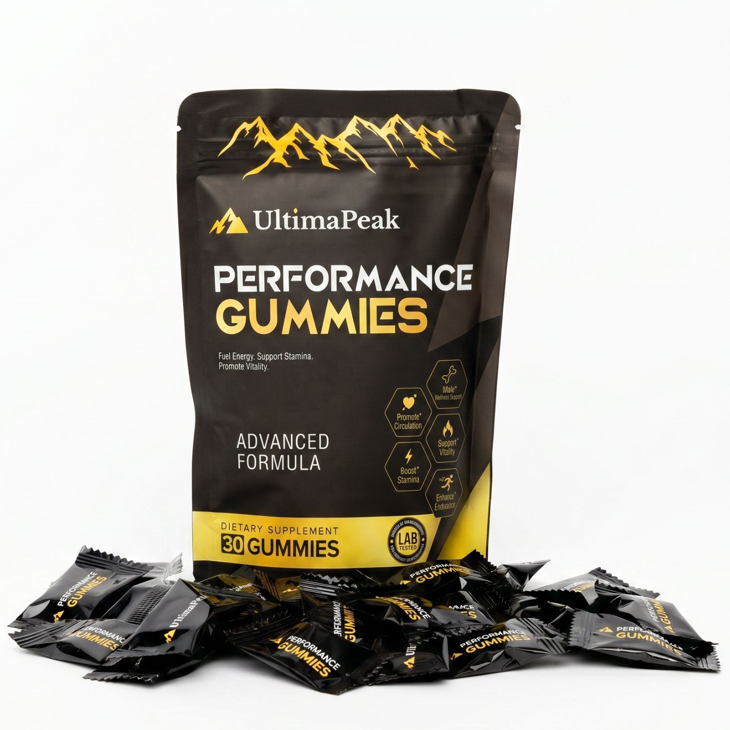A pouch of UltimaPeak Performance Gummies with several individually wrapped gummies scattered in front of it.