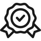 A black line icon of an award ribbon or seal with a checkmark in the center.