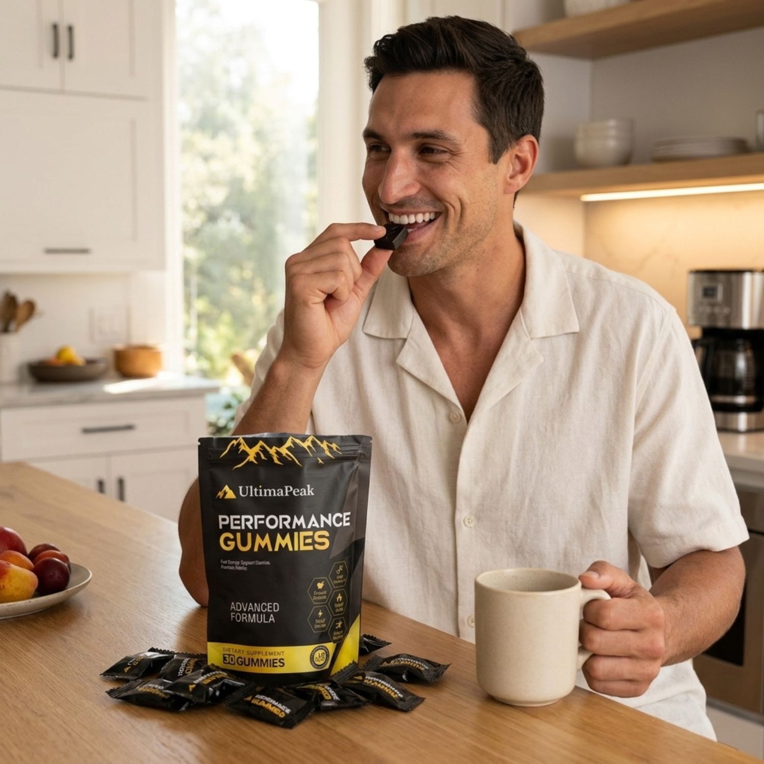 A smiling man in a kitchen eats a gummy with a bag of Performance Gummies on the counter.