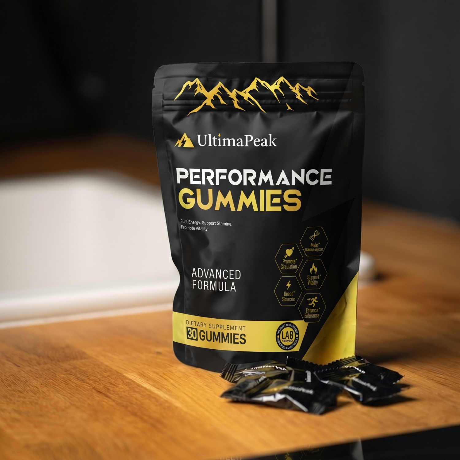 A black and yellow pouch of UltimaPeak Performance Gummies on a wooden surface with individually wrapped gummies.