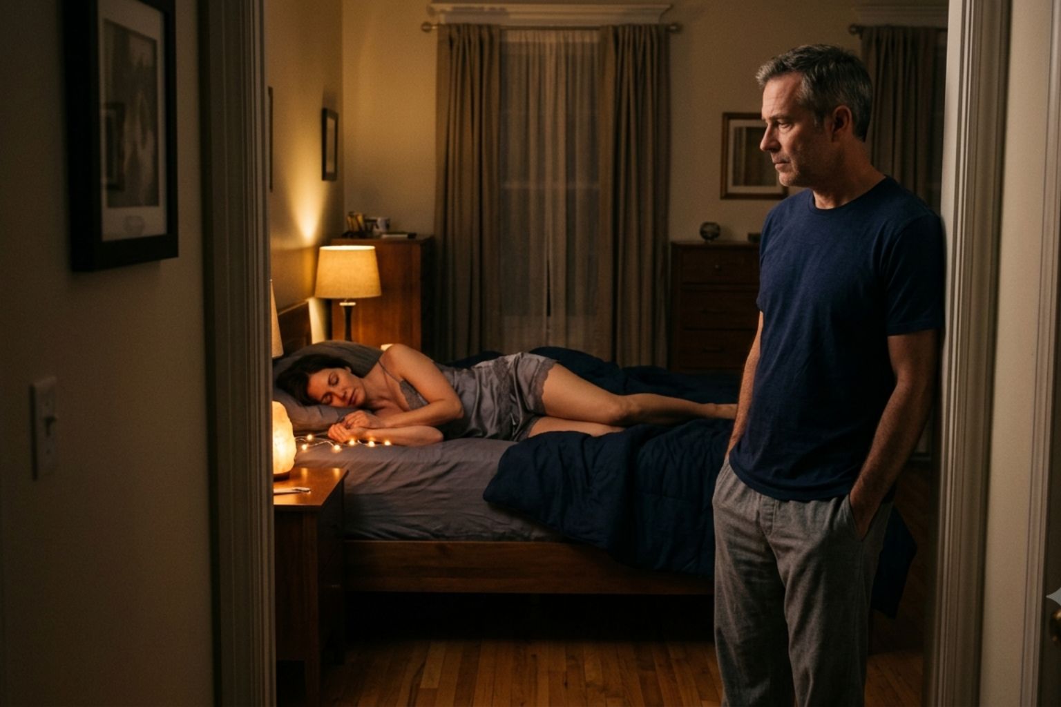 A man stands in a doorway looking at a woman sleeping peacefully in a dimly lit bedroom.