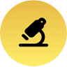 Black microscope icon on a yellow circular background.