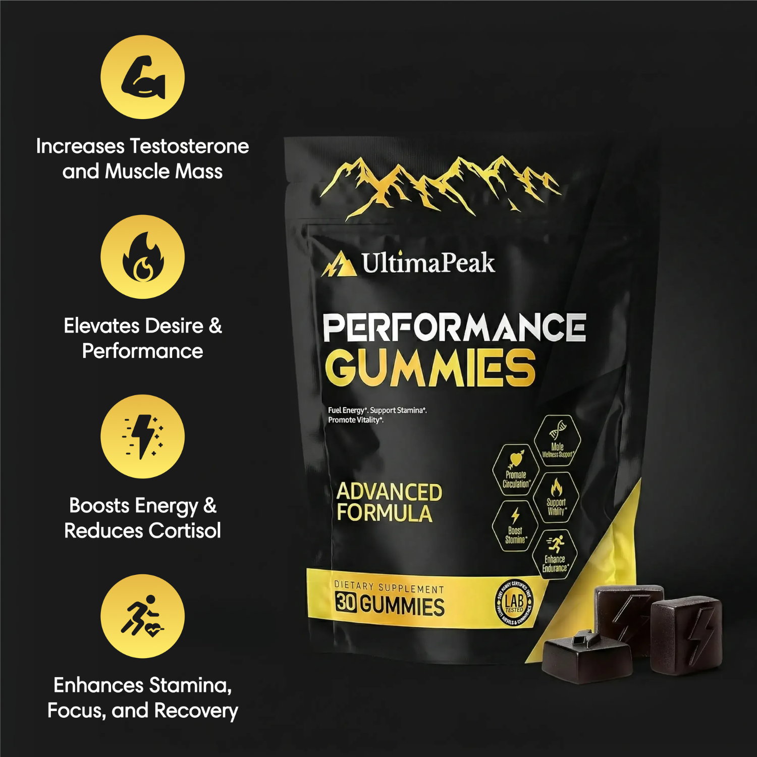 A black pouch of UltimaPeak Performance Gummies with several loose gummies and text describing its benefits.