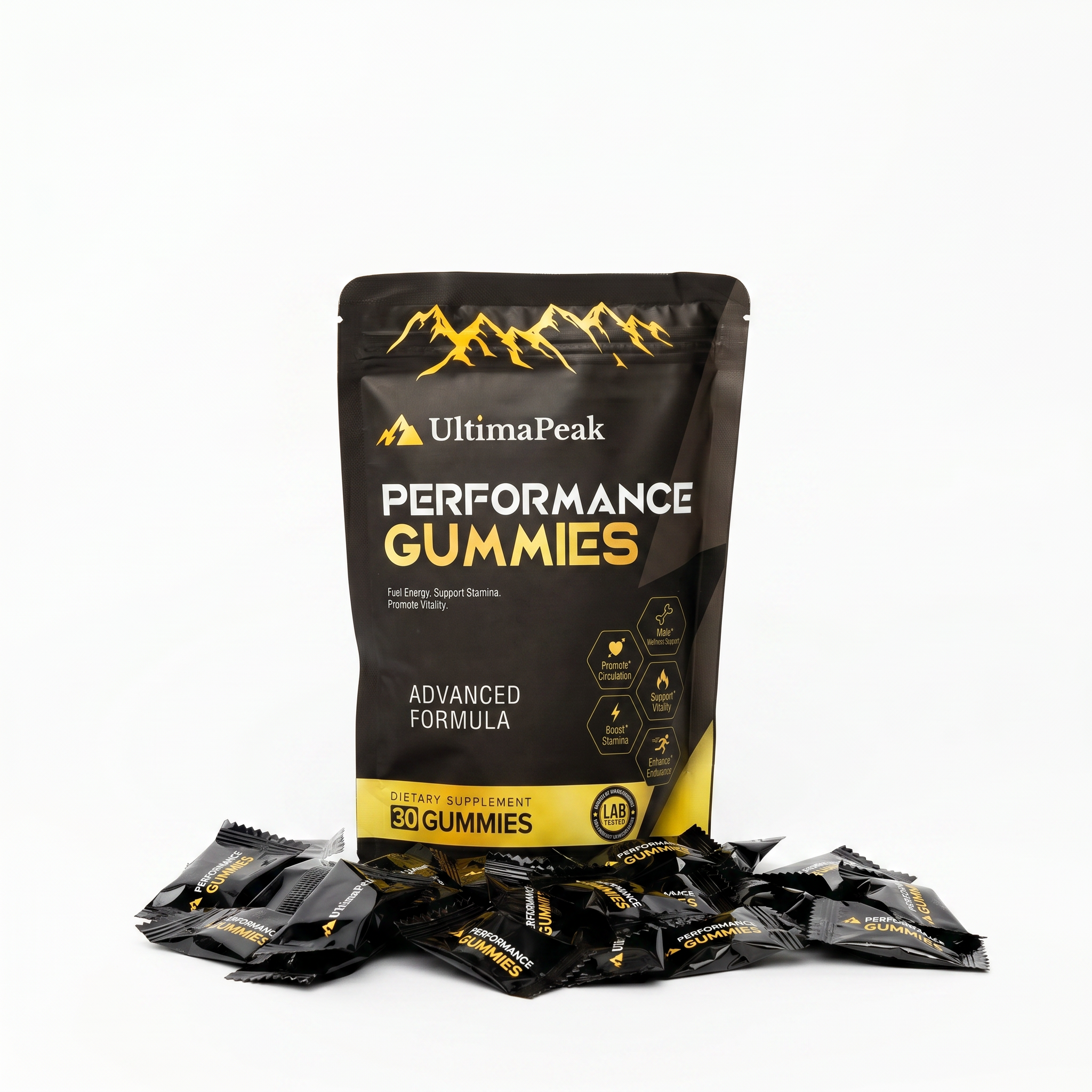 A bag of UltimaPeak Performance Gummies with several individually wrapped gummies scattered in front on a white surface.