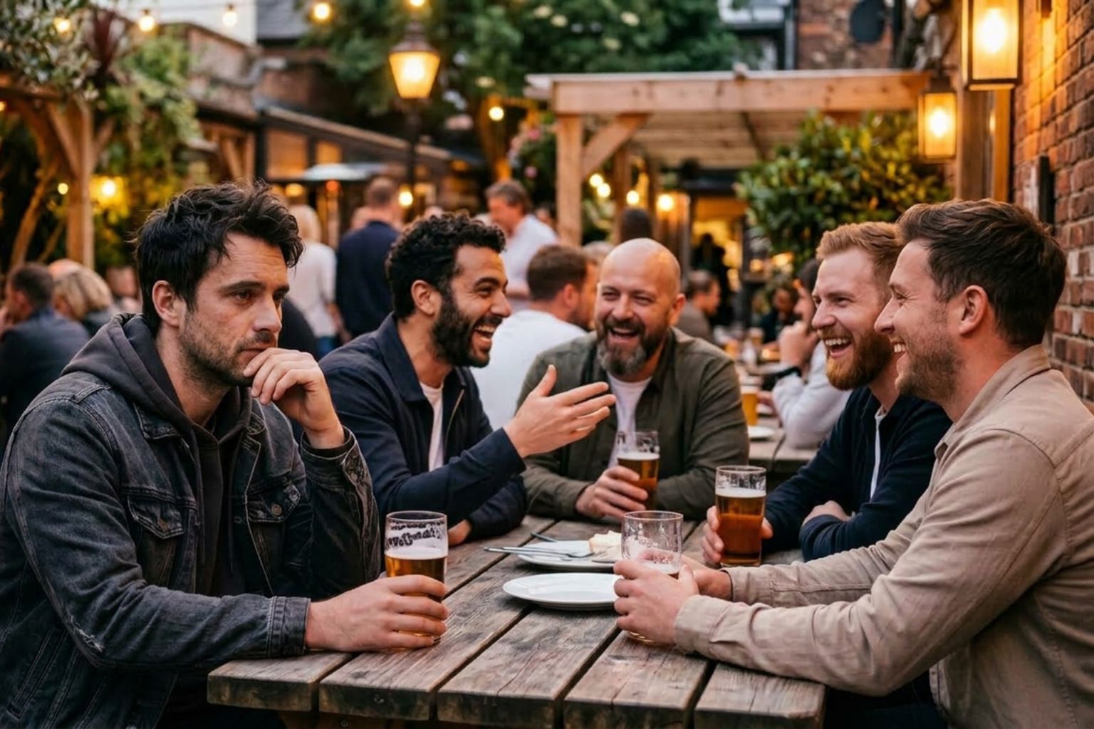 A group of men sit at a wooden table in a pub garden, drinking beer and socializing.
