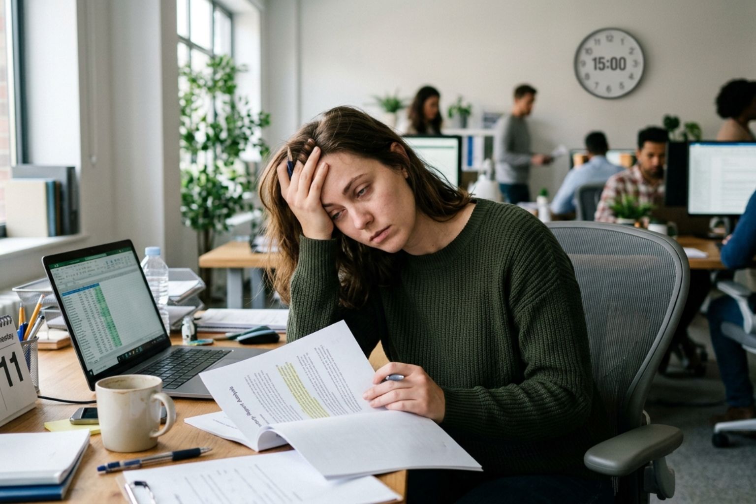 A woman looking stressed or tired sits at her desk in an office, resting her head on her hand.