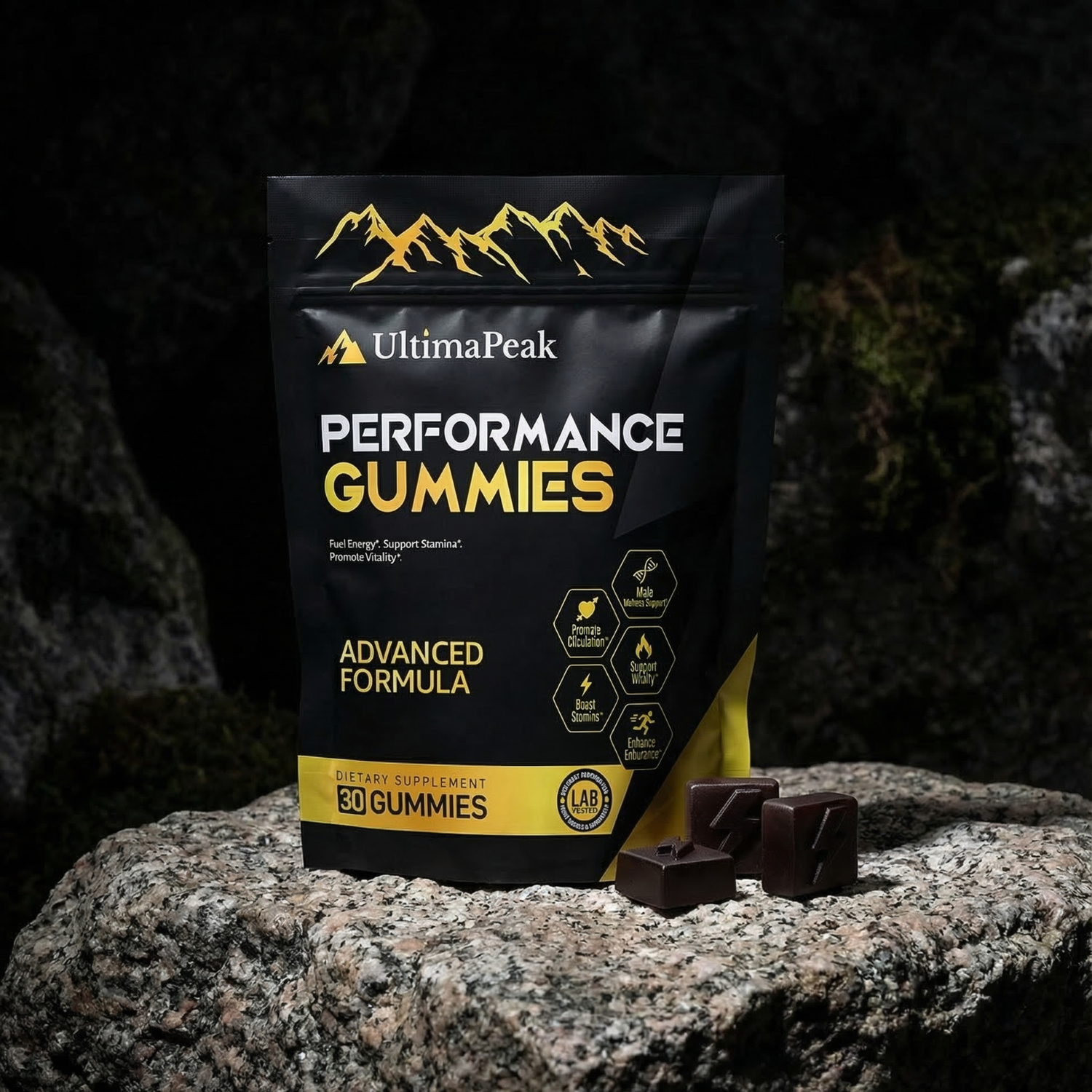 A black and yellow pouch of UltimaPeak Performance Gummies resting on a rock with three gummies beside it.