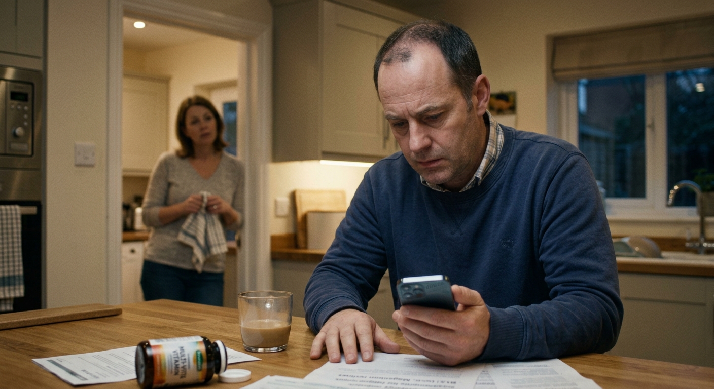 A man with a concerned expression looks at his phone at a kitchen table as a woman watches.