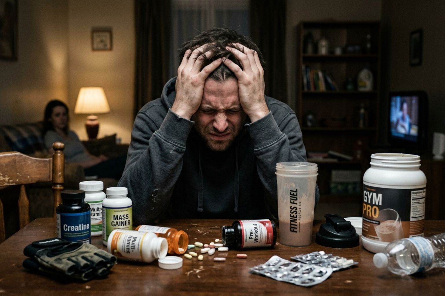 A distressed man in a hoodie sits at a table covered in workout supplements and pills.