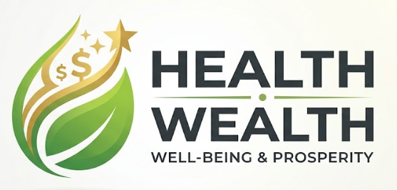 Logo for Health Wealth with a green leaf containing golden dollar signs and stars.