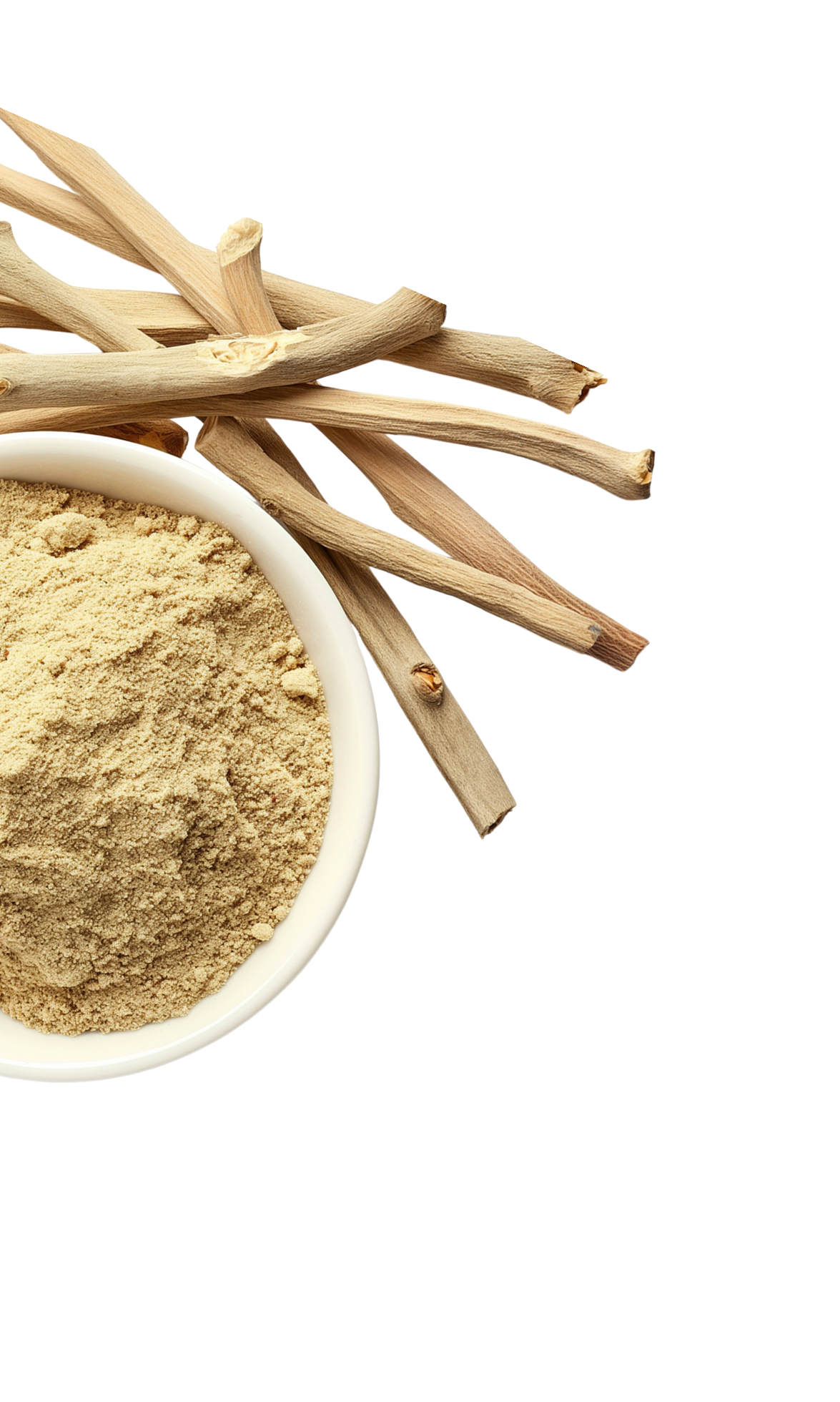 Bowl of beige powder with wooden sticks on black background.
