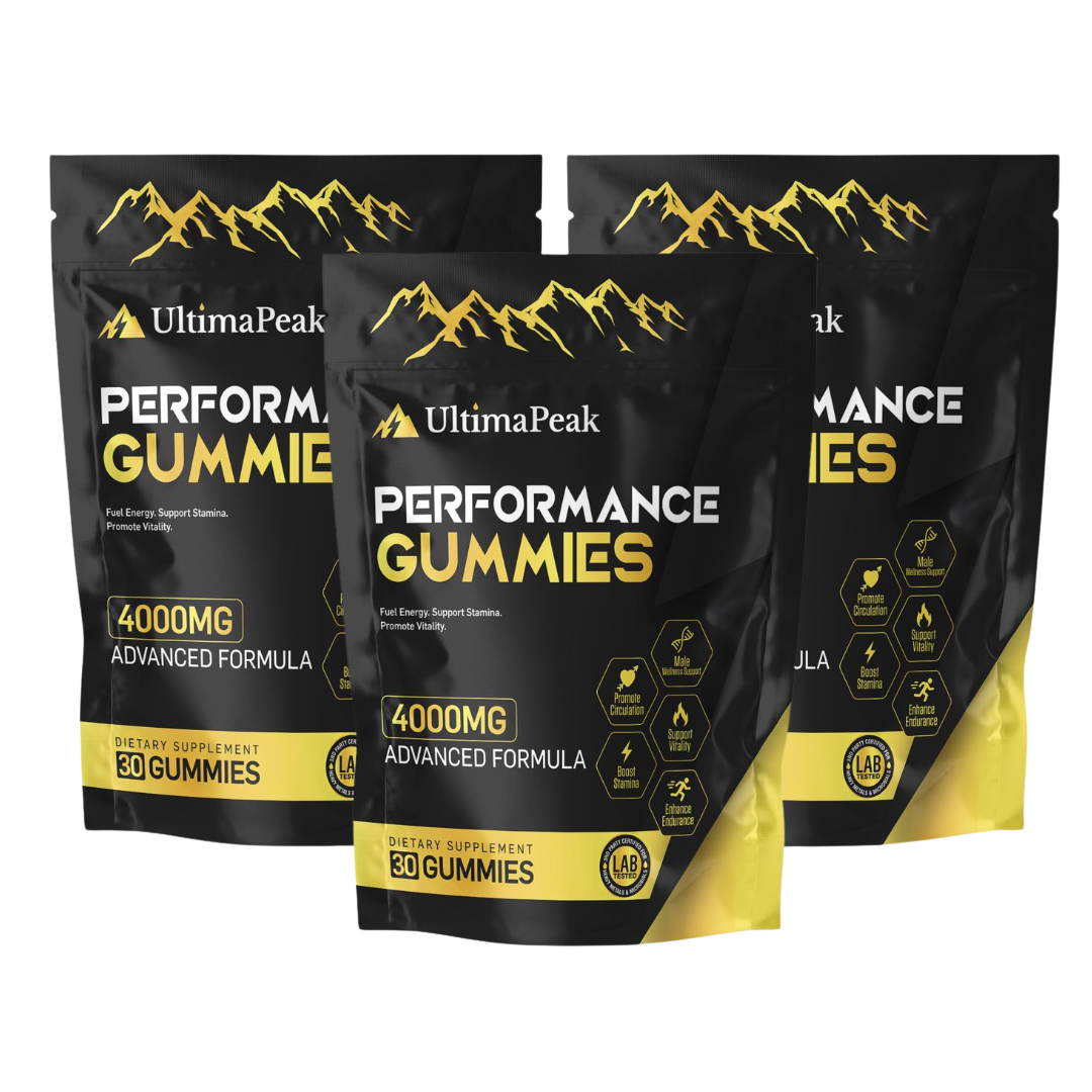 Three black pouches of UltimaPeak Performance Gummies supplement against a dark green background.