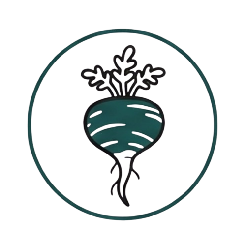 A circular icon with a stylized illustration of a teal root vegetable.