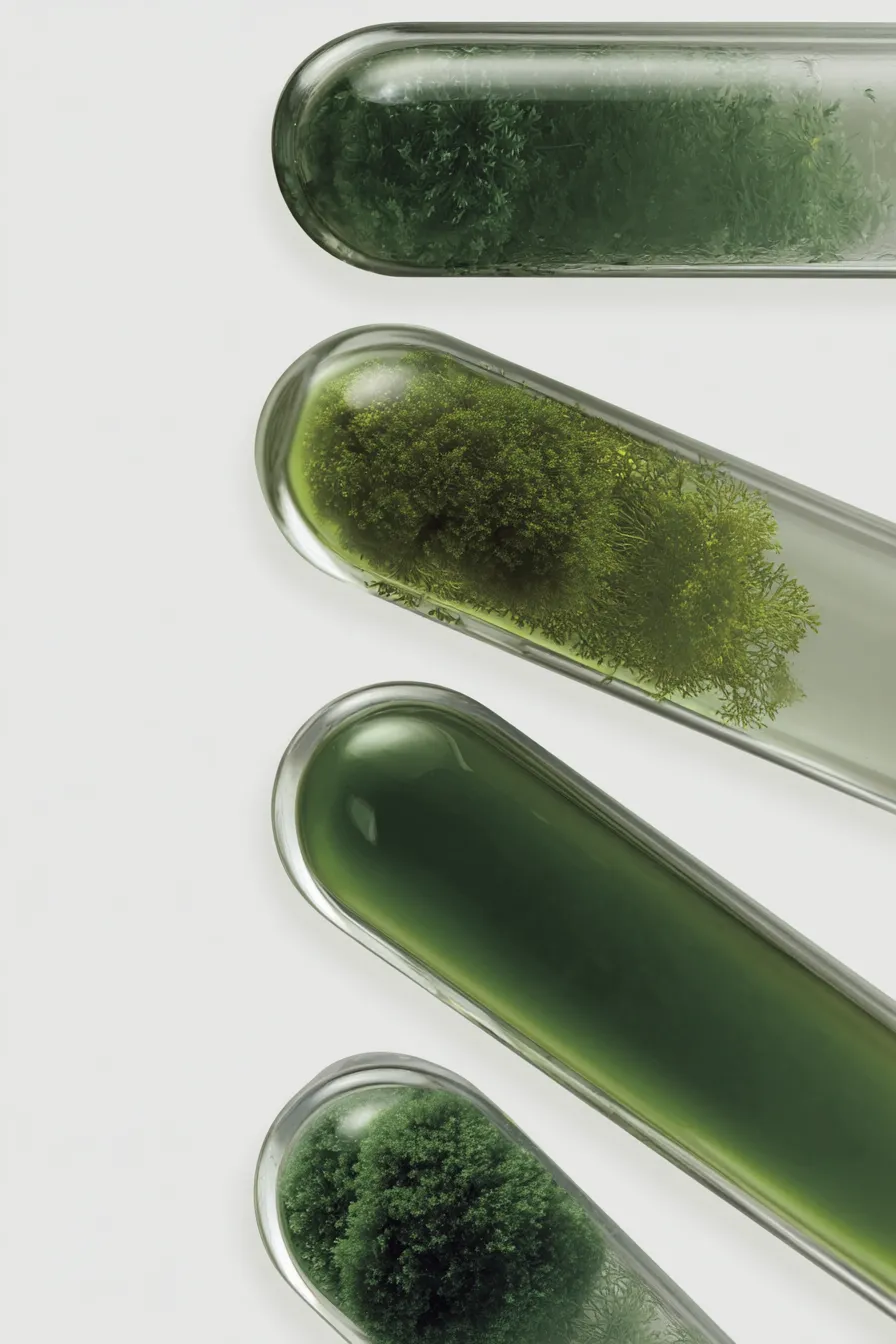 A close-up of four test tubes holding different green substances, including liquids and plant-like solids.