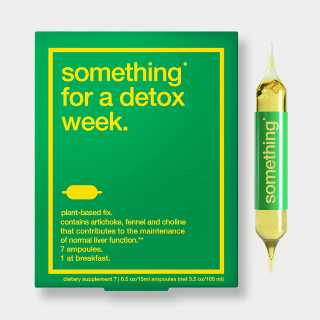 Green box with detox supplement text and ampoule.
