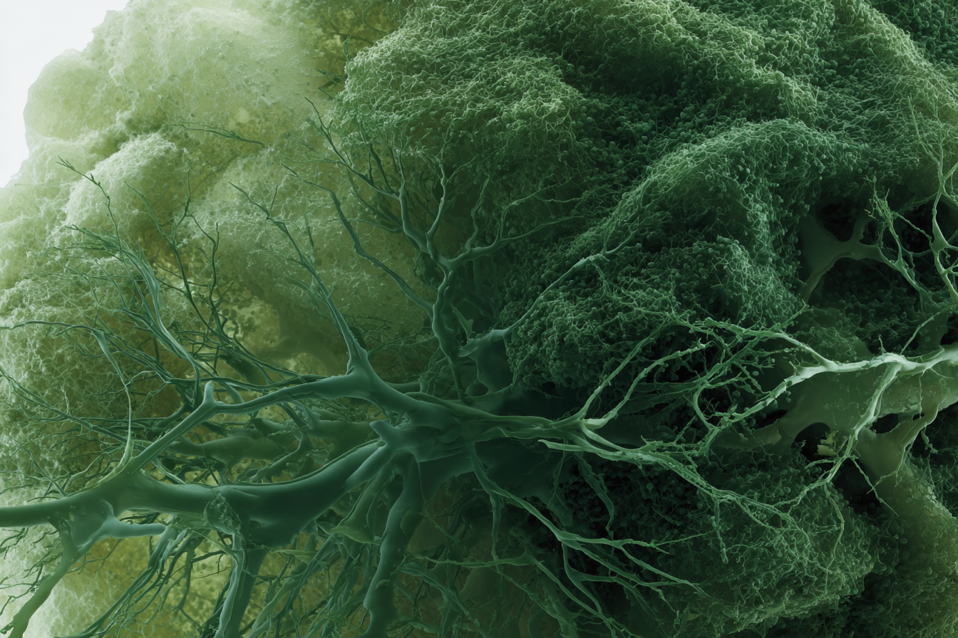 A close-up of green, branching structures spreading over a textured, porous surface.