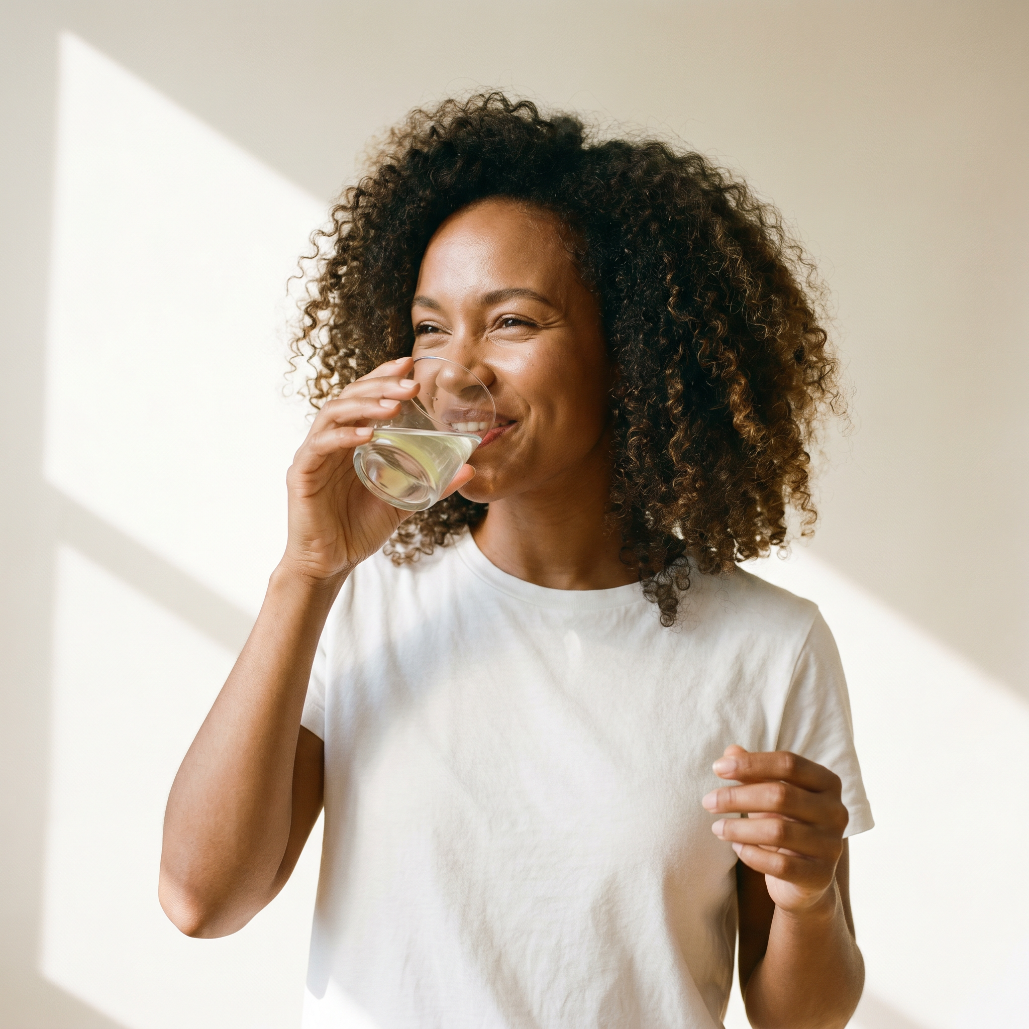 A smiling woman with curly hair, wearing a white t-shirt, drinks from a clear glass.