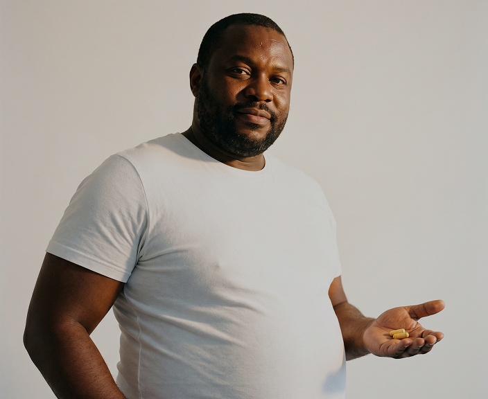 A man in a white t-shirt looks at the camera while holding two capsules in his hand.
