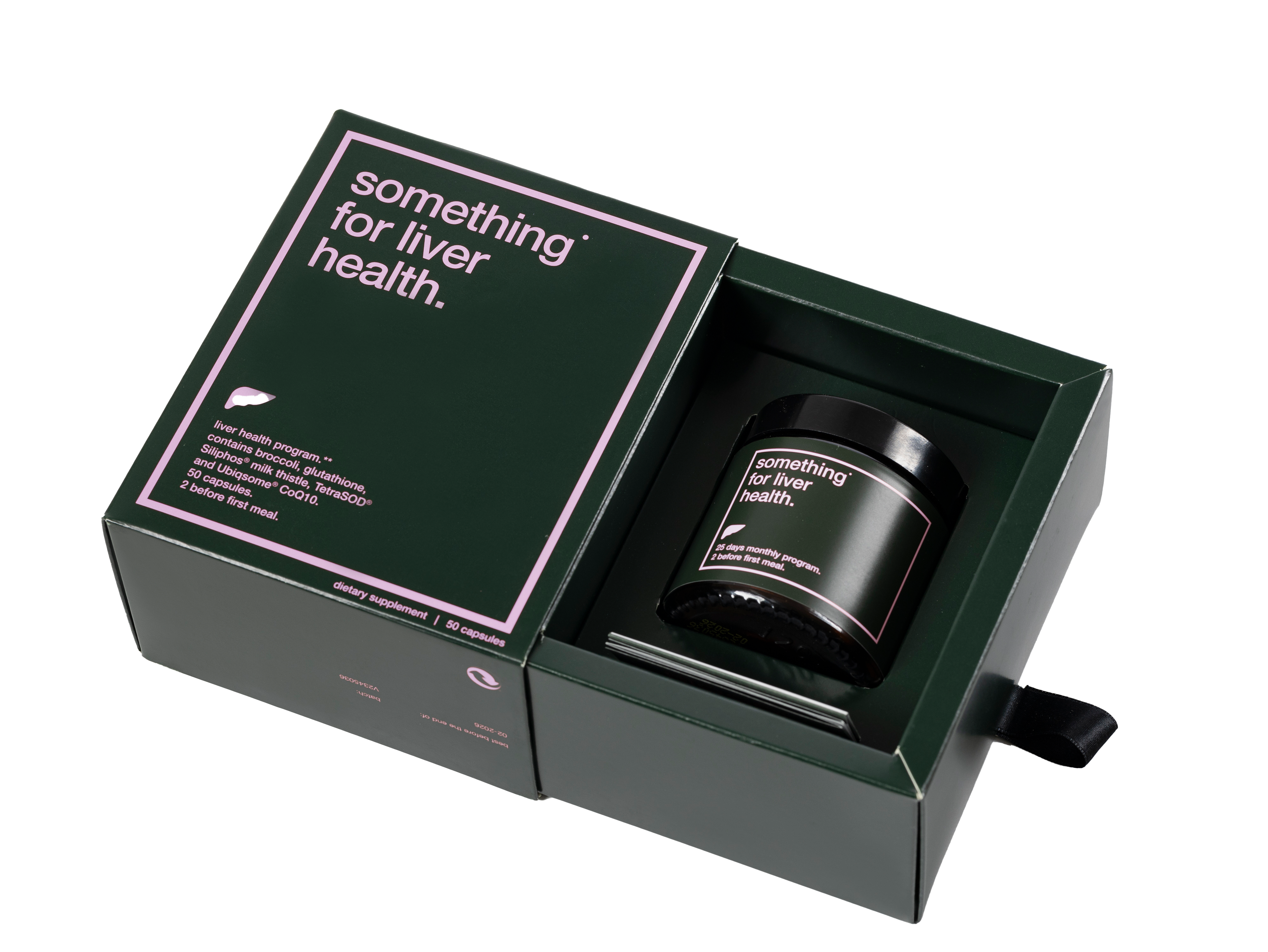 Open box with a jar labeled 'something for liver health.'