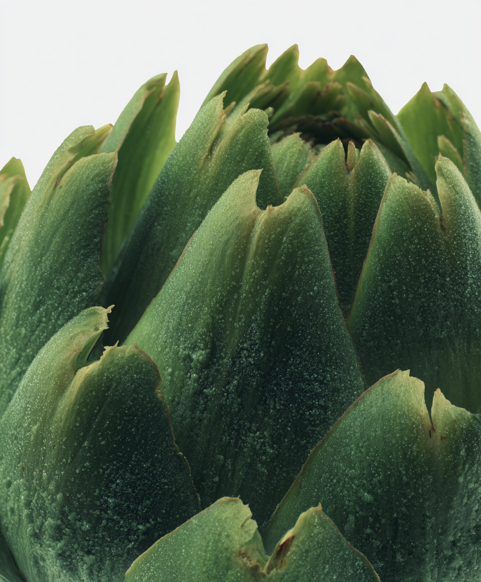 A close-up of a green artichoke with pointed leaves, covered in a light frost, against a white background.