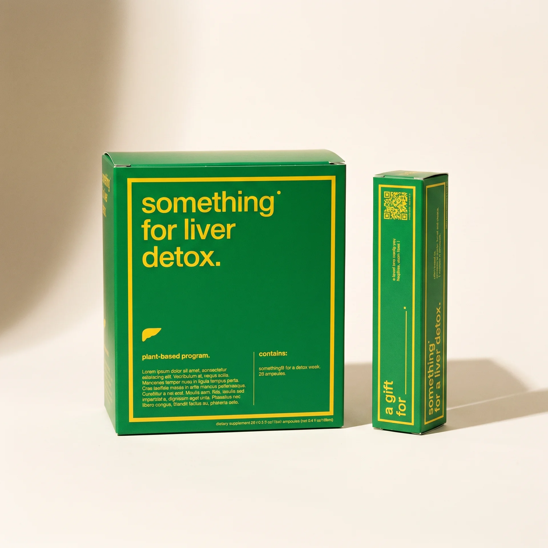 Two green boxes for a 'something for liver detox' product on a neutral background.