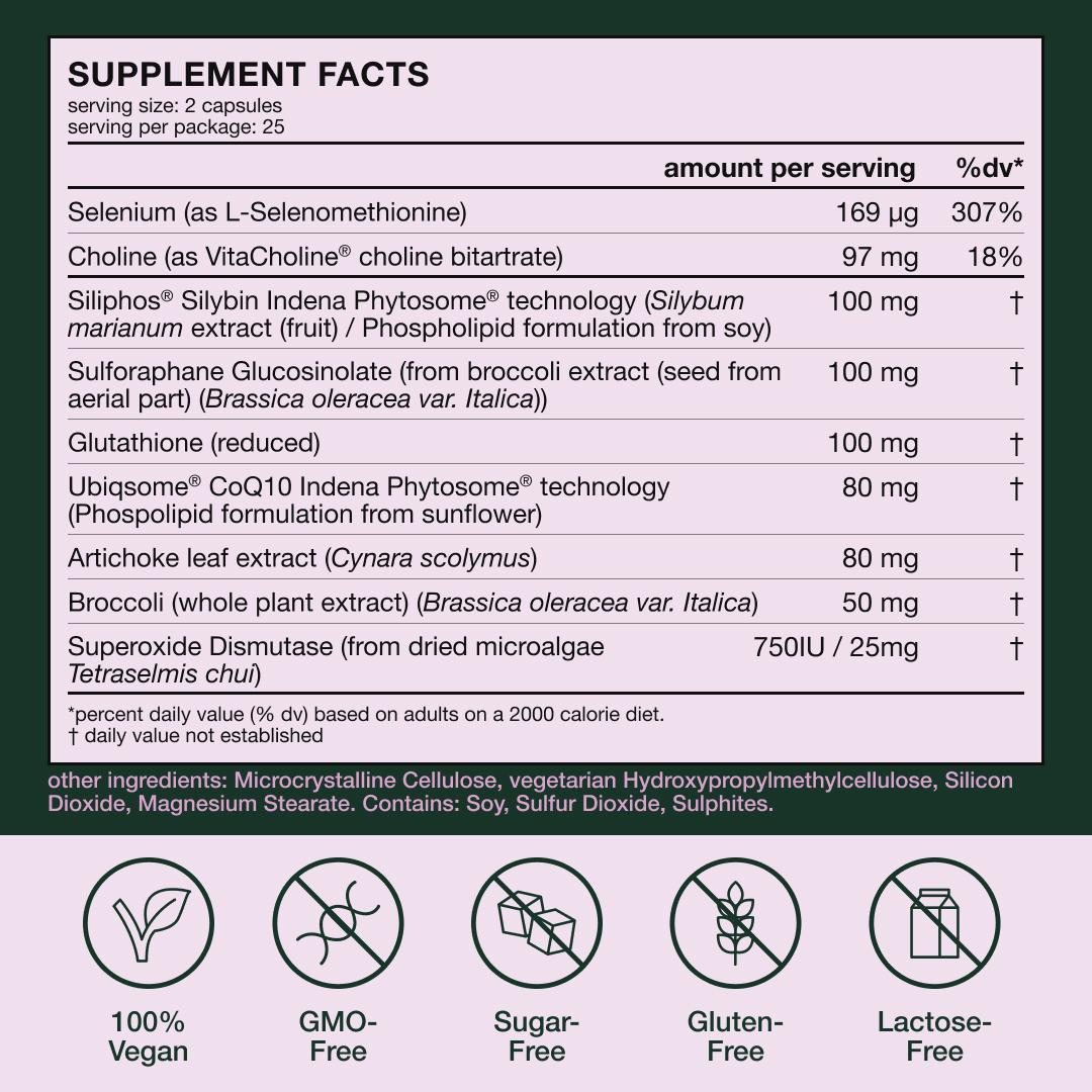 Supplement facts label with ingredients and nutrition details.