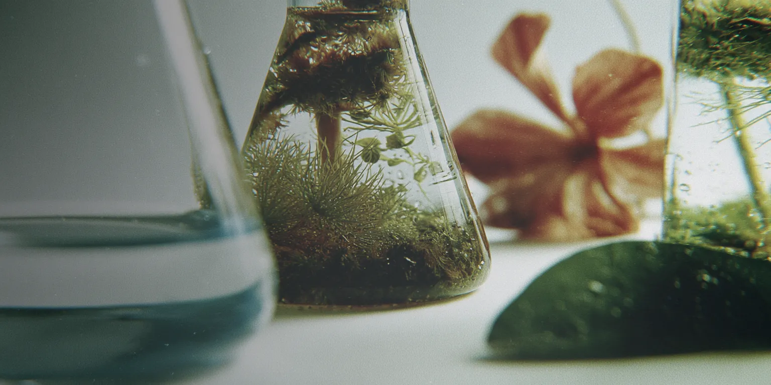 A close-up of laboratory flasks containing water and aquatic plants, with a flower and leaf in the background.