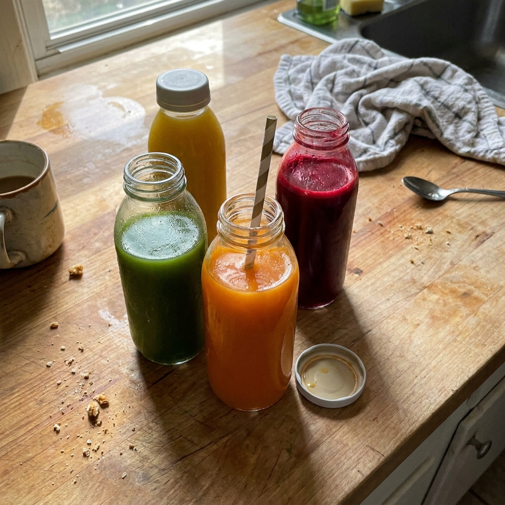 Four bottles of colorful juice sitting on a wooden kitchen counter next to a sink.