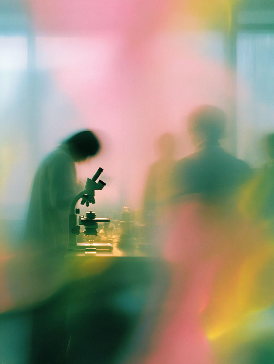 Silhouette of a person using a microscope, surrounded by colorful blurs.