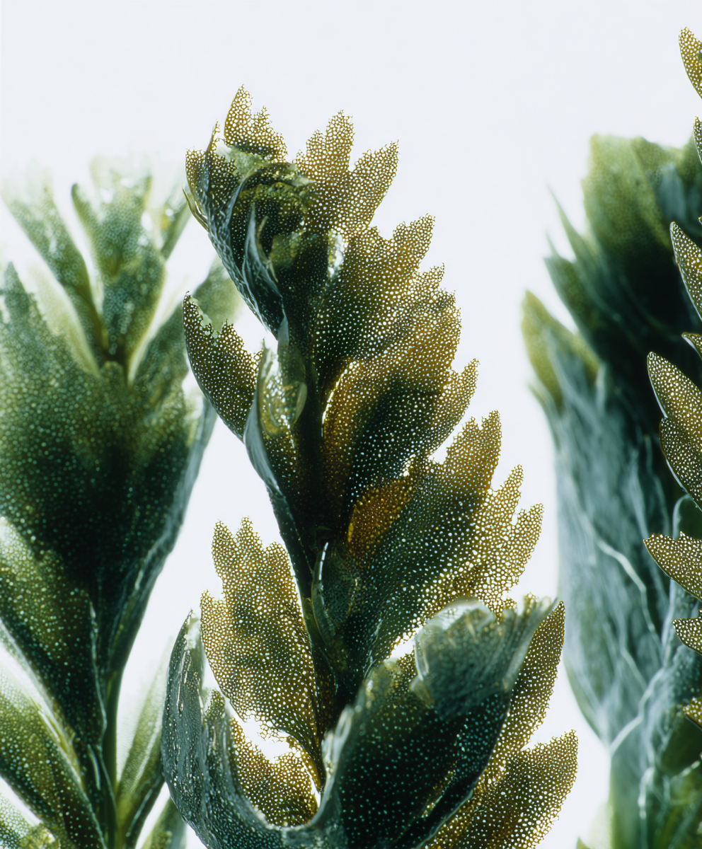 A close-up of green, porous seaweed fronds with serrated edges against a white background.