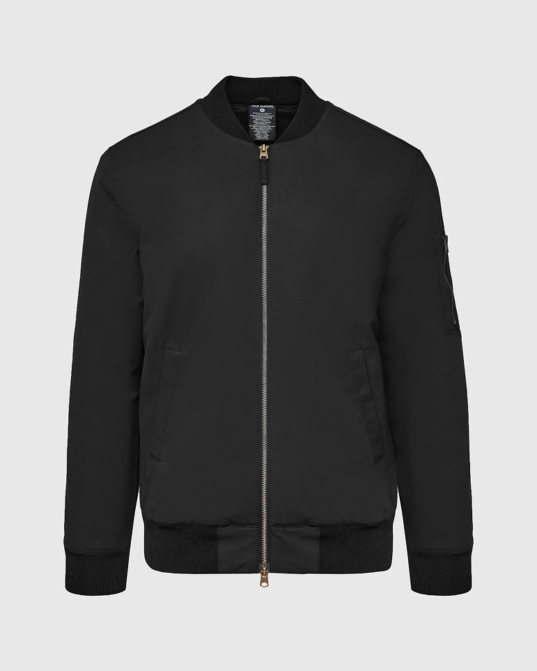 Black bomber jacket with a front zipper and ribbed cuffs.