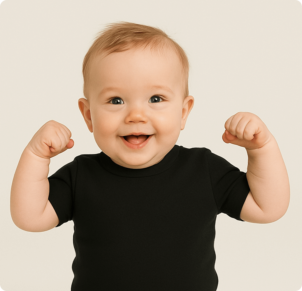 Smiling baby in a black shirt flexing arms.