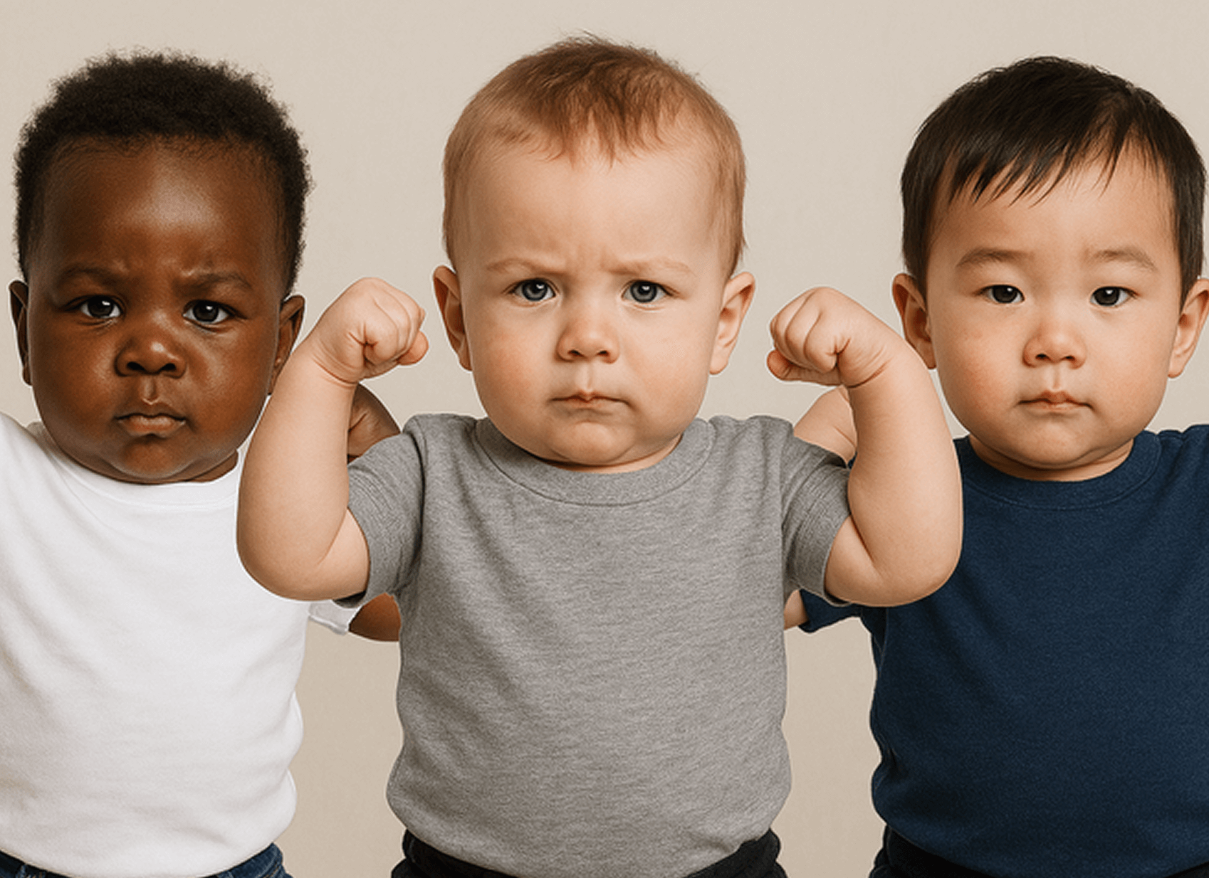 Three babies standing together, one flexing arms, all with serious expressions.