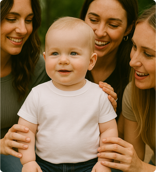 A baby in a white shirt surrounded by three smiling adults.