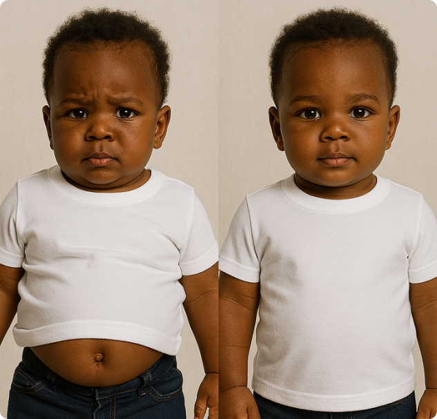 Two images of a baby in a white shirt, one frowning, one neutral.