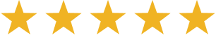 Five gold stars in a horizontal row on a transparent background.