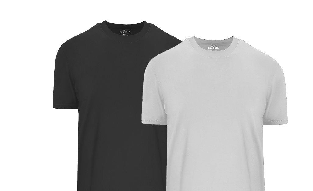 Two plain t-shirts, one black and one white, on a transparent background.